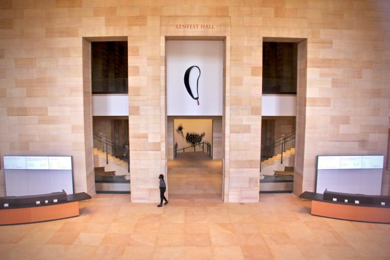 Redesigned Lenfest Hall at the Philadelphia Museum of Art West Entrance opens onto a soaring event space and new galleries. (Emma Lee/WHYY)