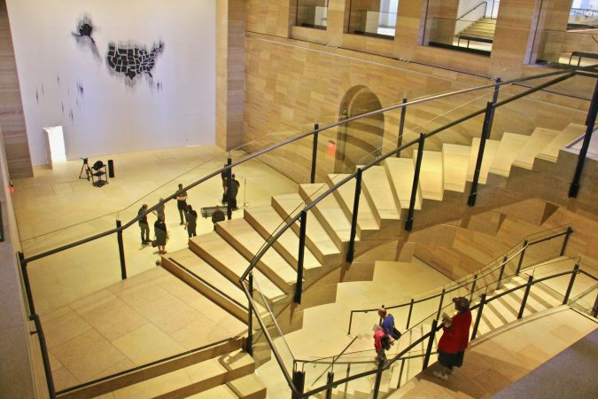 A suspended stairway leads to the Williams Forum