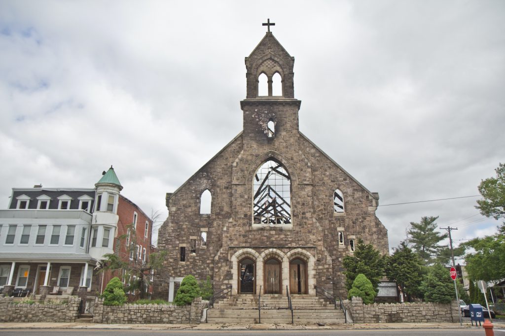 2021 05 10 k paynter st. leo’s fire in tacony-2 The exterior of St. Leo the Great Roman Catholic Church