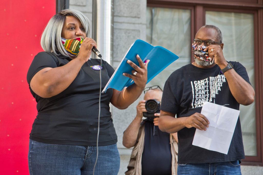 Ethelind Baylor. organizer with the Labor for Black Lives Coalition, led a vigil for George Floyd on the one-year anniversary of his death outside Philadelphia’s City Hall on May 25, 2021. (Kimberly Paynter/WHYY)