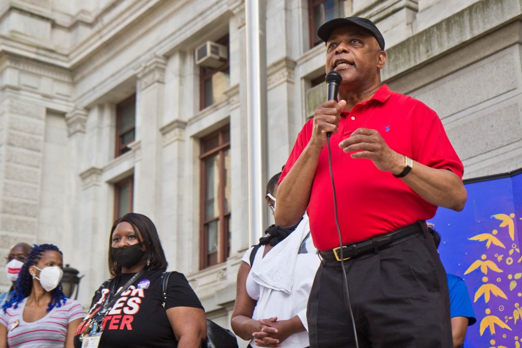 2021-05-25-k-paynter-labor-for-black-lives-vigil-5 Jerry Jordan, president of the Philadelphia Federation of Teachers, spoke of education woes like toxic school buildings and overcrowding at a vigil for George Floyd on the one-year anniversary of his death outside Philadelphia’s City Hall on May 25, 2021. (Kimberly Paynter/WHYY)