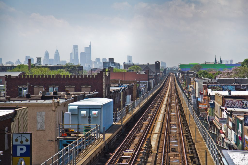 2021-05-6-k-paynter-kensington-ave-walk-with-social-workers-3 Looking out at the Philadelphia skyline from the Allegheny SEPTA station