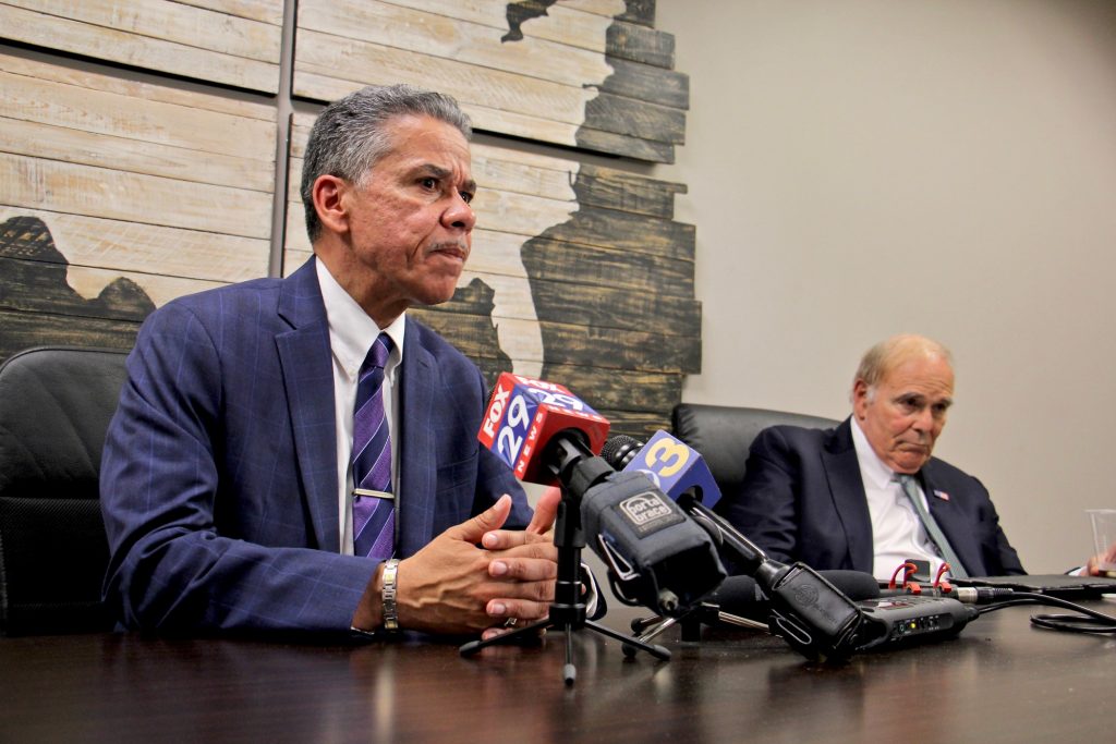2021 0511-elee-carlos vega ed rendell-philadelphia-da endorsement 8 Carlos Vega, candidate for Philadelphia district attorney, speaks after getting the endorsement of former Pennsylvania Gov. Ed Rendell (right). (Emma Lee/WHYY)