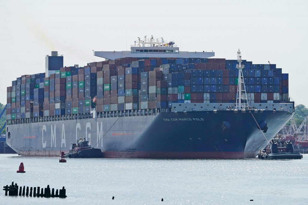 The CMA CGM Marco Polo makes it way toward the Elizabeth-Port Authority Marine Terminal as seen from Bayonne, N.J., Thursday, May 20, 2021. (AP Photo/Seth Wenig)