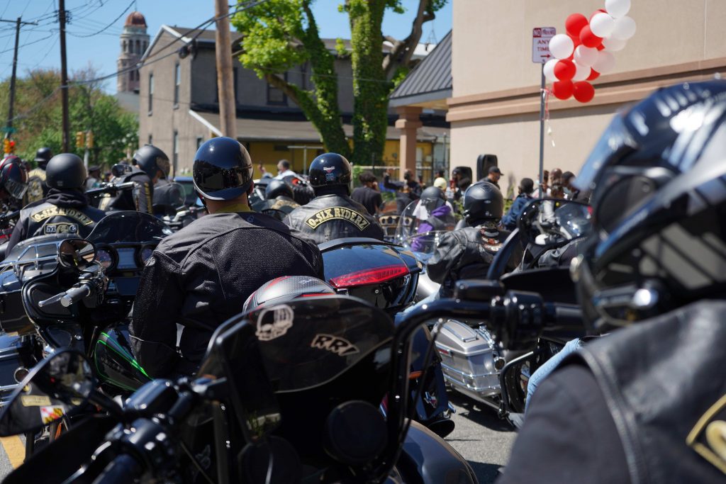 Bikers-back-preparing-to-start-the-route Riders from the Black Bikers Vote rally prepare to start the route in West Philadelphia on May 1, 2021. (Kenny Cooper/WHYY)