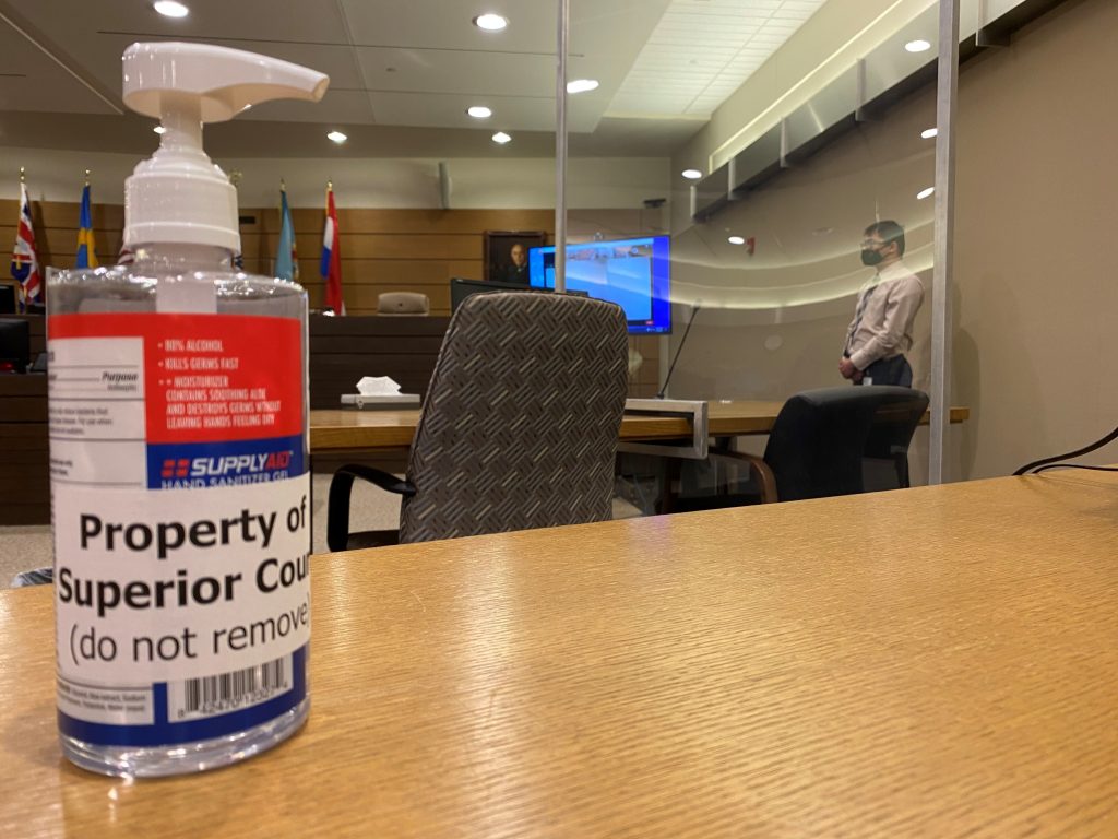 Court 1 Plastic sheeting surrounds every juror's chair and separates tables for attorneys at the Leonard L. Williams Justice Center in downtown Wilmington as Delaware's courts prepare to resume criminal jury trials that had been on hold since March 2020. (Mark Eichmann/WHYY)