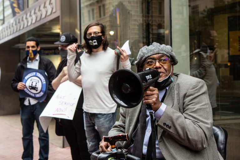 Colmon Holmes, who uses CCT as his main mode of transportation, said he was concerned about the cleanliness of public transit at a PhillyTRU rally outside SEPTA headquarters on May 24, 2021. (Kimberly Paynter/WHYY)