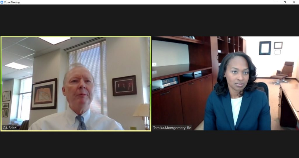 Delaware Supreme Court Chief Justice Collins J. Seitz Jr. and Justice Tamika R. Montgomery-Reeves talk with WHYY News about a new effort to improve diversity in the state's courts. (Screengrab via Zoom)
