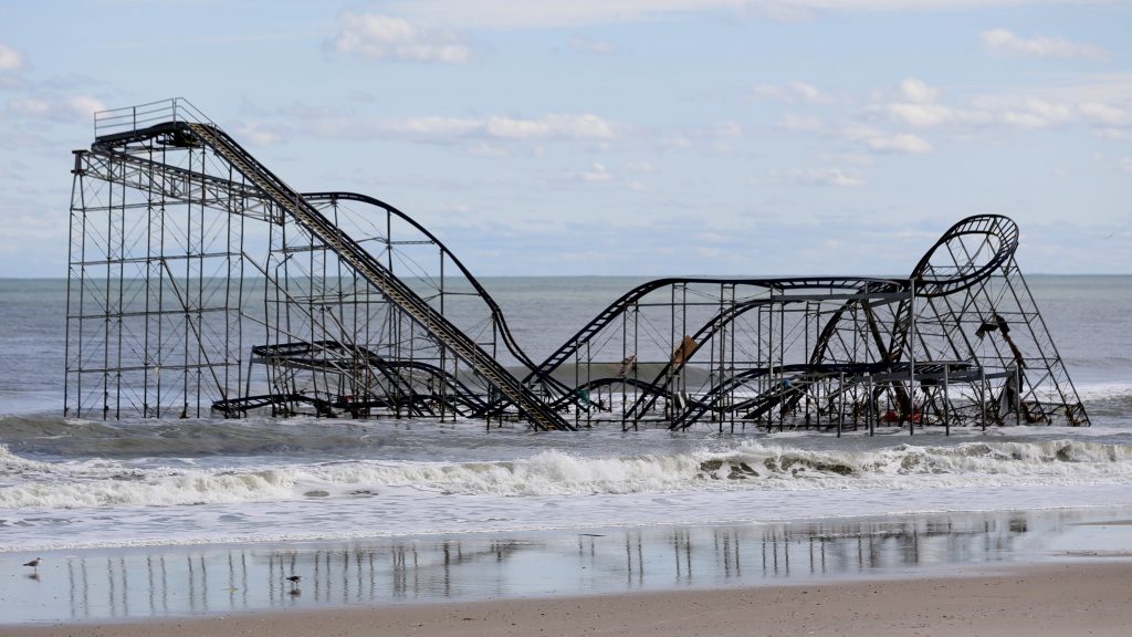 A rollercoaster that once sat on the Funtown Pier in Seaside Heights, N.J., rests in the ocean on Wednesday, Oct. 31, 2012 after the pier was washed away by superstorm Sandy. A rollercoaster that once sat on the Funtown Pier in Seaside Heights, N.J., rests in the ocean on Wednesday, Oct. 31, 2012 after the pier was washed away by superstorm Sandy. (Julio Cortez/AP)