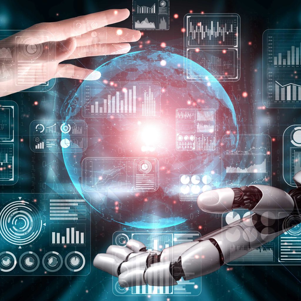 A human hand and robot hand reaching for a bright light surrounded by digital machinery