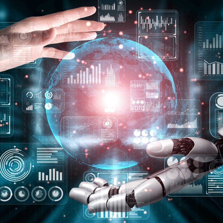 A human hand and robot hand reaching for a bright light surrounded by digital machinery