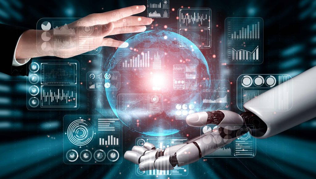 bigstock–D-Rendering-Future-Artificial-357705881-web A human hand and robot hand reaching for a bright light surrounded by digital machinery