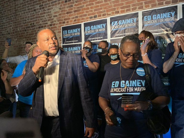 Ed Gainey giving his victory speech, after beating incumbent Bill Peduto in the Democratic primary for Pittsburgh mayor. (An-Li Herring/WESA)