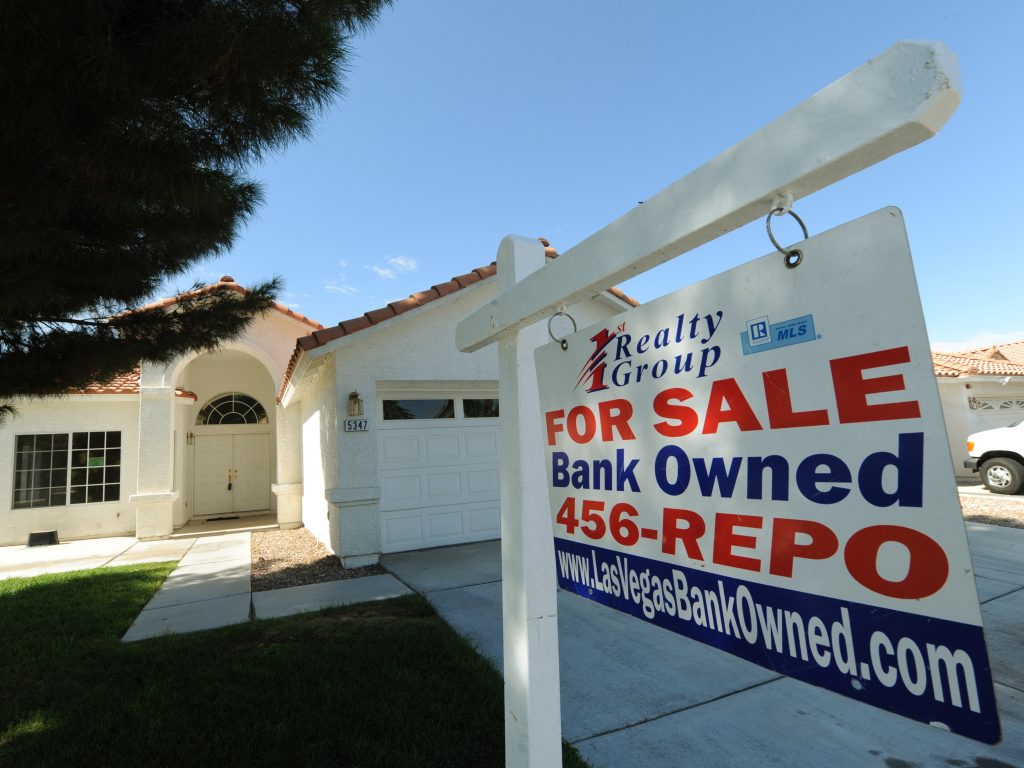 A house under foreclosure in Las Vegas displays a sign on Oct. 15, 2010, saying that it’s now bank-owned. Sen. Sherrod Brown has vowed increased scrutiny of Wall Street banks, in part after a surge in foreclosures in his hometown in Ohio over a decade ago. A house under foreclosure in Las Vegas displays a sign on Oct. 15, 2010, saying that it's now bank-owned. Sen. Sherrod Brown has vowed increased scrutiny of Wall Street banks, in part after a surge in foreclosures in his hometown in Ohio over a decade ago. (Mark Ralston/AFP via Getty Images)