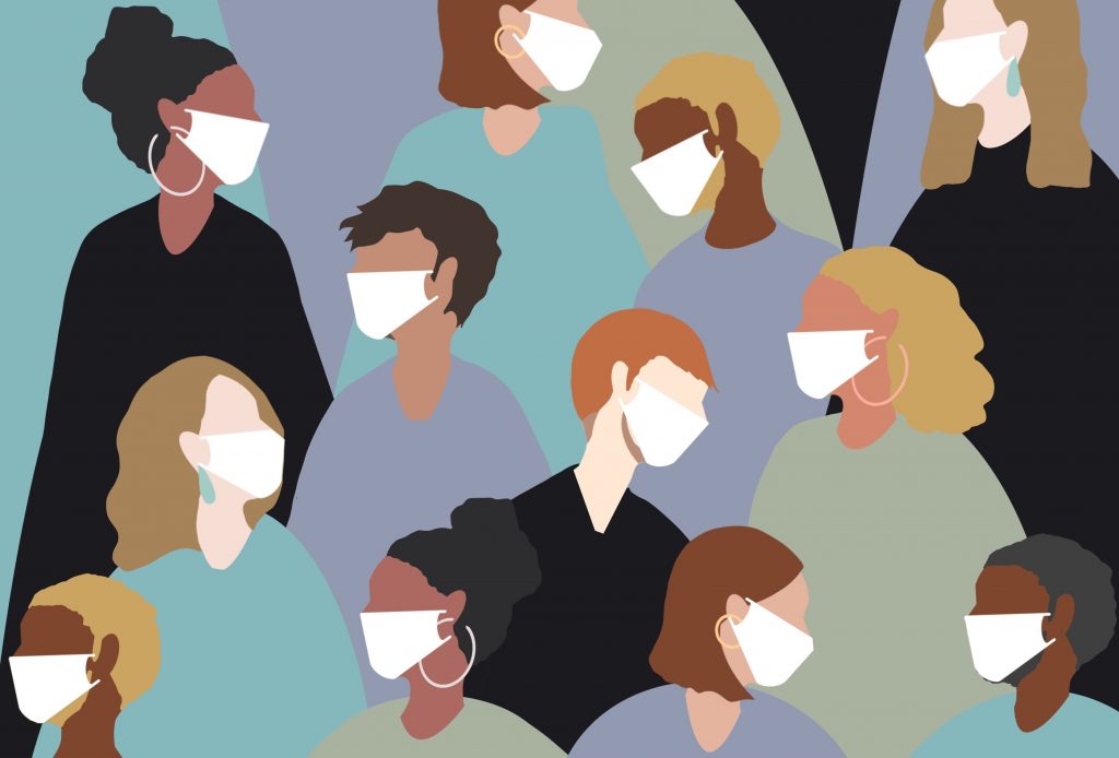 As people begin to re-emerge from over a year of isolation, there’s a lot to navigate and re-learn. An illustration of many people wearing face masks