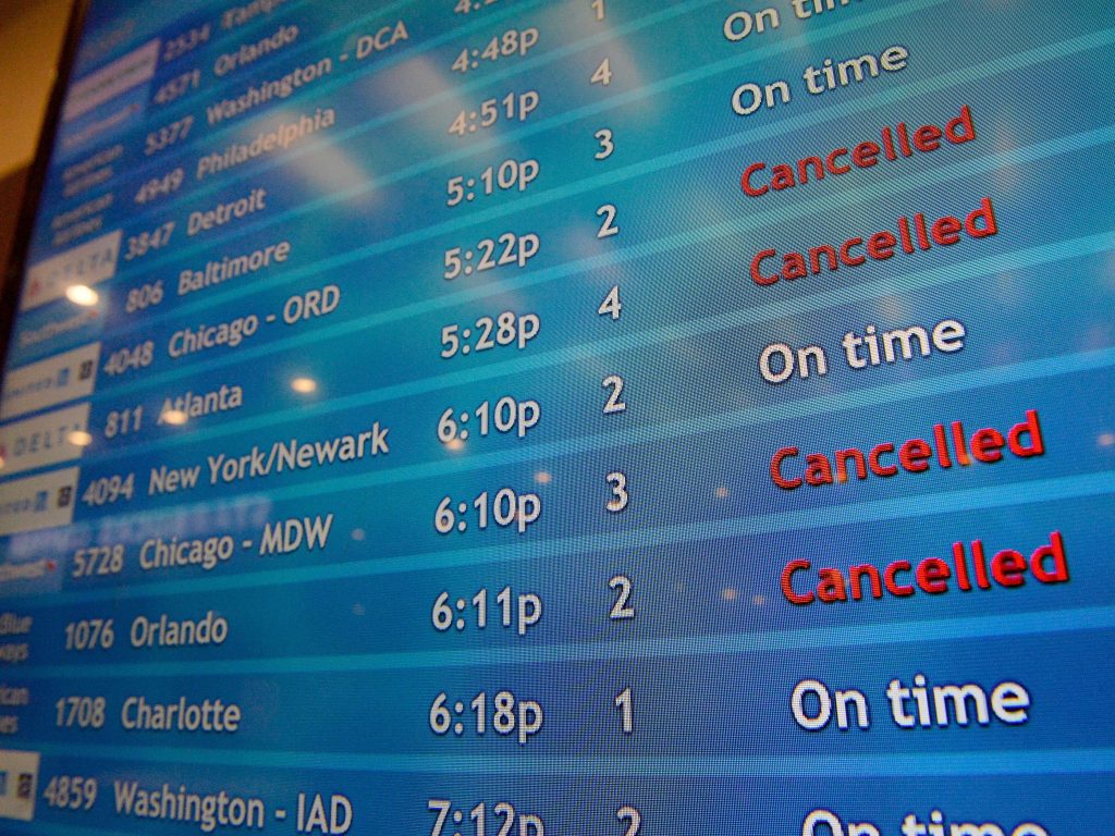 A screen shows canceled incoming flights at T.F. Green International Airport in Warwick, R.I., on March 30, 2020. Consumer advocates and two senators say airlines are sitting on nearly $15 billion in refunds owed to customers for canceled travel. A screen shows canceled incoming flights at T.F. Green International Airport in Warwick, R.I., on March 30, 2020. Consumer advocates and two senators say airlines are sitting on nearly $15 billion in refunds owed to customers for canceled travel. (Joseph Prezioso/AFP via Getty Images)