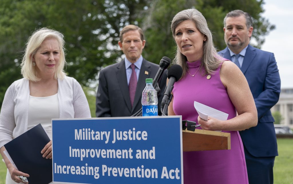 For years, New York Democratic Sen. Kirsten Gillibrand (left) has sought approval of her bill to reform the military’s criminal justice system. This year, Gillibrand joined forces with Iowa Republican Sen. Joni Ernst, seen here, a sexual assault survivor herself before she became a combat company commander. For years, New York Democratic Sen. Kirsten Gillibrand (left) has sought approval of her bill to reform the military's criminal justice system. This year, Gillibrand joined forces with Iowa Republican Sen. Joni Ernst, seen here, a sexual assault survivor herself before she became a combat company commander. (Stefani Reynolds/Getty Images)