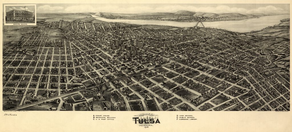 Artist Paul Rucker is creating a new multimedia work to commemorate the 100th anniversary of the Tulsa Race Massacre. That’s when a thriving African American community was destroyed in a horrific act of violence that wiped out hundreds of Black-owned businesses and homes. Above, an aerial view of Tulsa, Okla., Fowler & Kelly, 1918. Artist Paul Rucker is creating a new multimedia work to commemorate the 100th anniversary of the Tulsa Race Massacre. That's when a thriving African American community was destroyed in a horrific act of violence that wiped out hundreds of Black-owned businesses and homes. Above, an aerial view of Tulsa, Okla., Fowler & Kelly, 1918. (GHI/Universal History Archive/Universal Images Group via Getty Images)