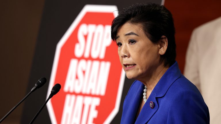 Rep. Judy Chu, D-Calif., is seen speaking on the COVID-19 Hate Crimes Act ahead of its passage at the U.S. Capitol on Tuesday. (Kevin Dietsch/Getty Images)
