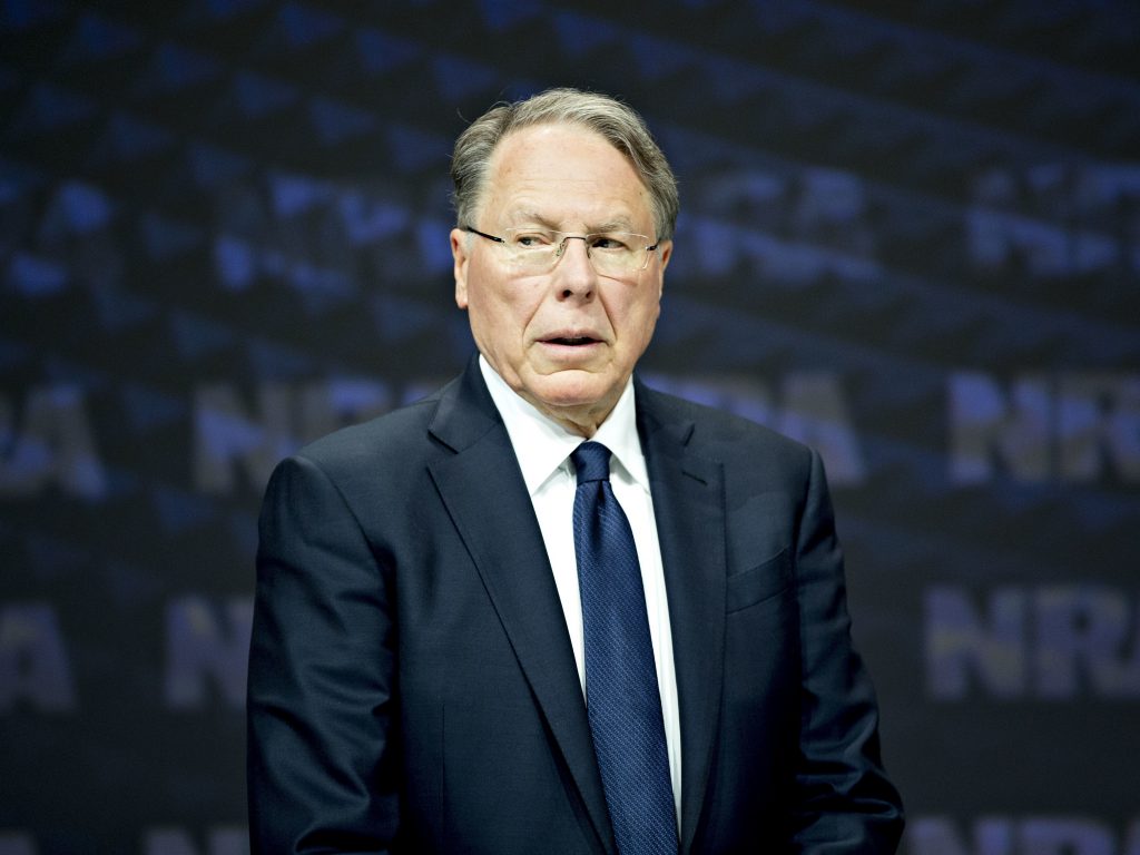 National Rifle Association CEO Wayne LaPierre at the group’s annual meeting in Dallas in May 2018. A secretive figure, LaPierre makes few public appearances outside of carefully scripted speeches. Wayne LaPierre, chief executive officer of the National Rifle Association, stands on stage after arriving at the NRA annual meeting in Dallas on May 5, 2018. (Daniel Acker/Bloomberg via Getty Images)