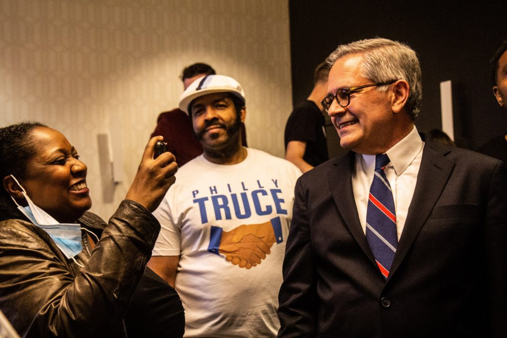 Philadelphia District Attorney Larry Krasner celebrates with supporters at his victory party. (Kimberly Paynter/WHYY)