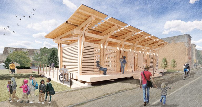 An artist's rendering of the Sala Keturah STEM Pavilion designed by Nyasha Felder and under construction at North Philly Peace Park. (Courtesy of North Philly Peace Park)
