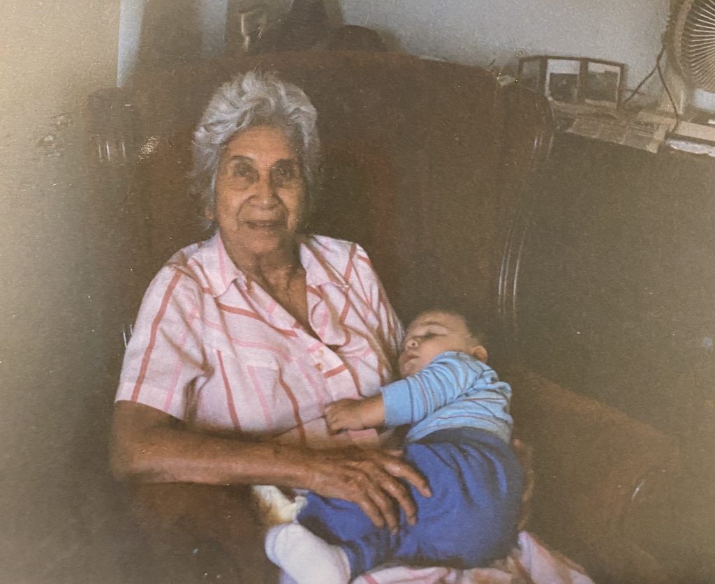 mama-on and Baby Sean Sean Brown (Seminole Nation of Oklahoma) as an infant with his great-grandmother, Mable Brown (Mama-on), who would tell him countless stories about the people he came from. (Photo courtesy of Sean Brown)