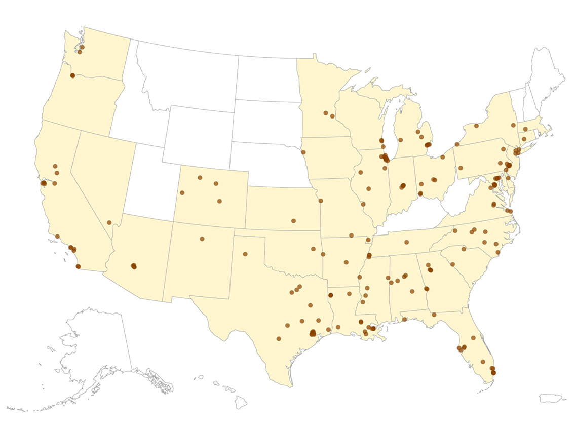 A map of mass shootings across the U.S. in 2021