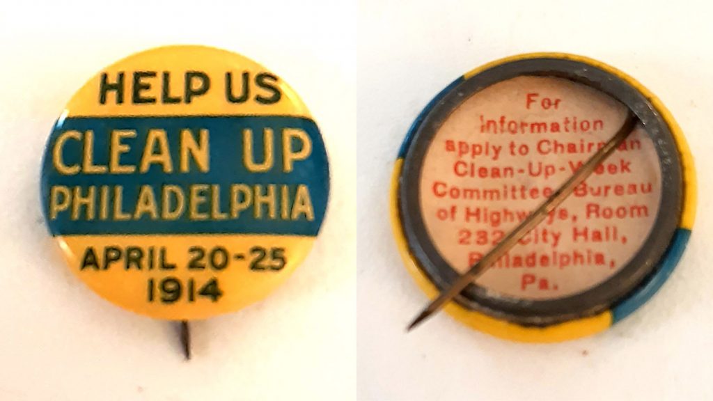 philadelphia-cleanup-history-pins Philadelphia gave out 100,000 of these pins to schoolchildren to promote the citywide cleanup (Jack Burghart)