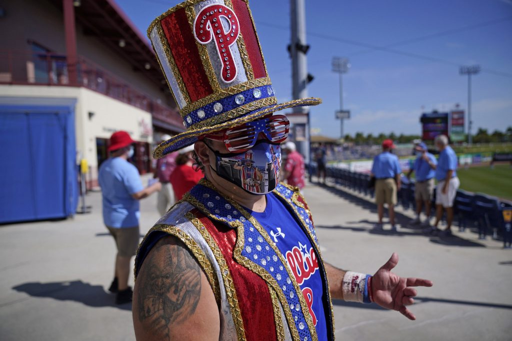 Phillies fan Tony Penecale wears an elaborate costume at spring training