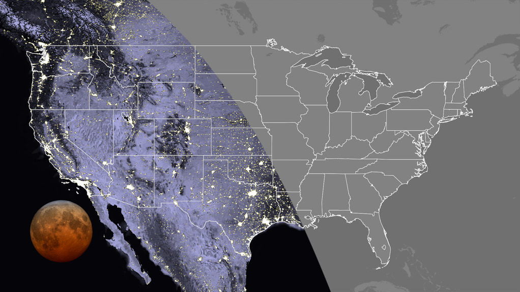 This map shows the visibility of the total lunar eclipse in the contiguous U.S. at 7:11 a.m. Eastern time this Wednesday. The total lunar eclipse will be visible everywhere in the Pacific and Mountain time zones, as well as in Texas, Oklahoma, western Kansas, Hawaii and Alaska. This map shows the visibility of the total lunar eclipse in the contiguous U.S. at 7:11 a.m. Eastern time this Wednesday. The total lunar eclipse will be visible everywhere in the Pacific and Mountain time zones, as well as in Texas, Oklahoma, western Kansas, Hawaii and Alaska. (NASA)