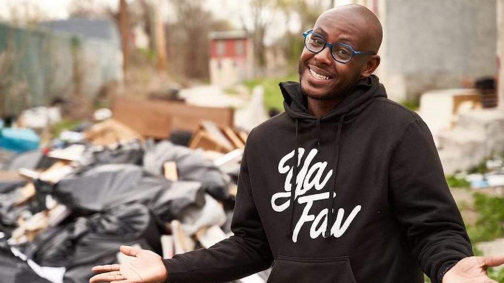 yafavtrashman-terrilhaigler-01 Terrill Haigler gestures while wearing a sweatshirt that says