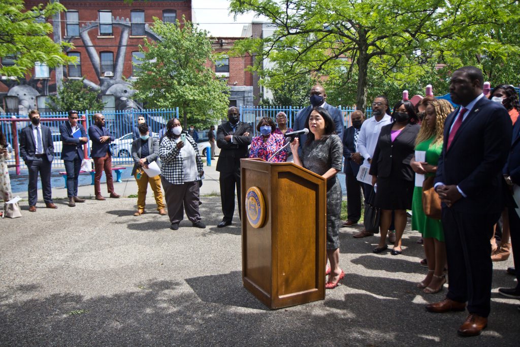 2021-06-01-k-paynter-anti-violence-helen-gym-2 Philadelphia city councilmember and Chair of the Children and Youth Committee Helen Gym joined city leaders in asking for at least 50 million dollars in the city budget to keep recreational centers open later and provide counseling and jobs for young people as part of the Youth Powered Anti-Violence Agenda, announced at a press conference at Hawthorne Recreation Center in South Philadelphia on June 1, 2021. (Kimberly Paynter/WHYY)
