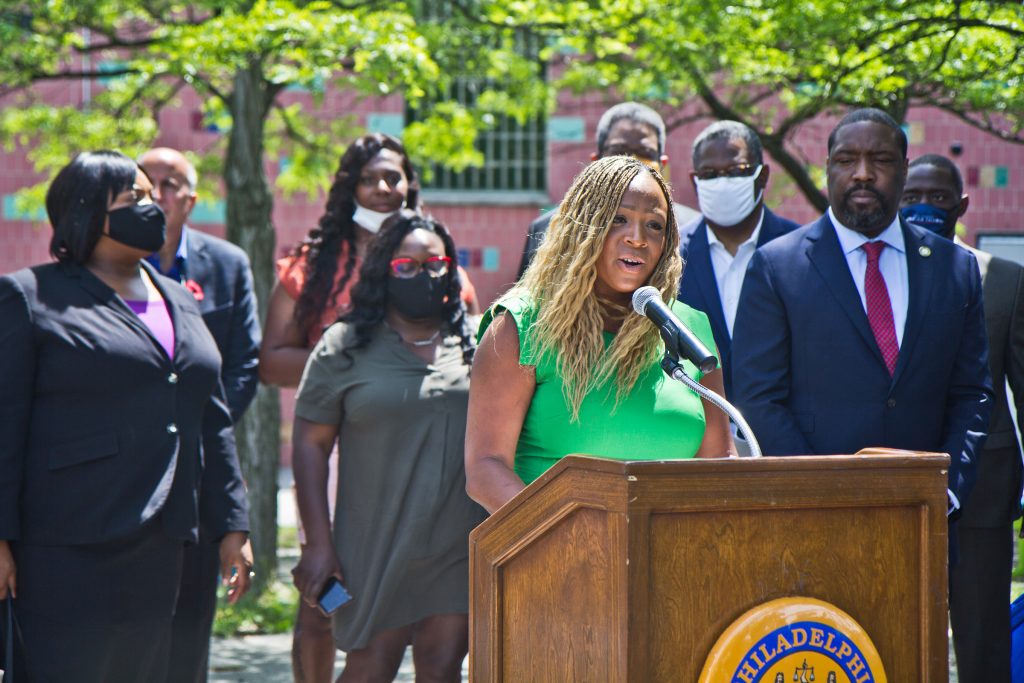 2021-06-01-k-paynter-anti-violence-jamie-gauthier ity Councilmember Jamie Gauthier speaks from a podium