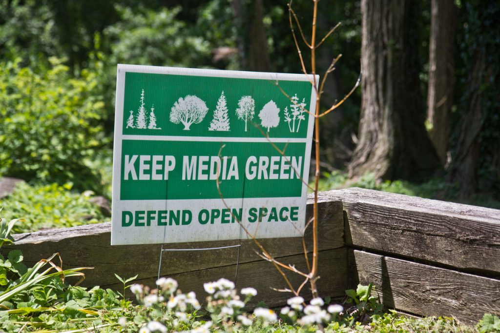2021 06 16 k paynter media green space fight-5 Signs posted in yards around Media, Pa., decry development in the area. (Kimberly Paynter/WHYY)