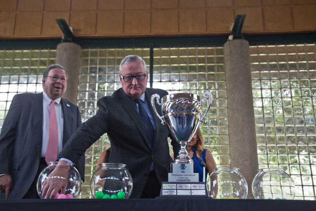 2021 06 22 k paynter unity cup draw 2021-11 Philadelphia Mayor Jim Kenney was the first to draw teams on June 22, 2021, at the annual bracket determination draw for the International Unity Cup soccer tournament taking place in Philadelphia in fall 2021. (Kimberly Paynter/WHYY)