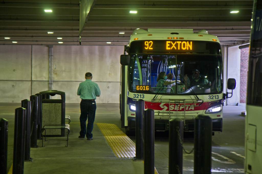 A SEPTA bus sits inside a West Chester transportation center.