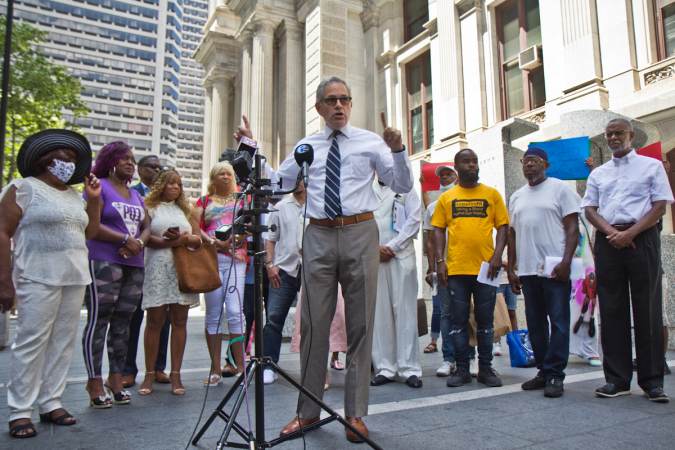 Philadelphia District Attorney Larry Krasner addresses the media at a press conference