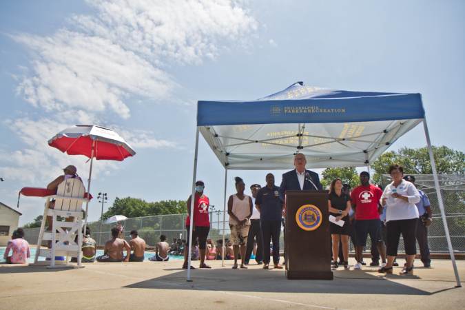 Philadelphia Mayor Jim Kenney and other city officials helped kicked off the opening of pools in Philadelphia at James Finnegan Playground pool in Southwest Philadelphia on June 30, 2021. (Kimberly Paynter/WHYY)