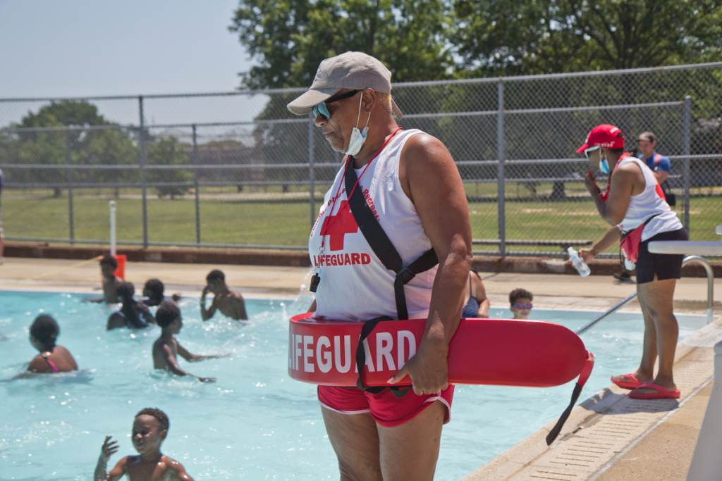 2021 06 30 k paynter pools open 2021-8 Lifeguards keep an eye on swimmers at a Philly pool