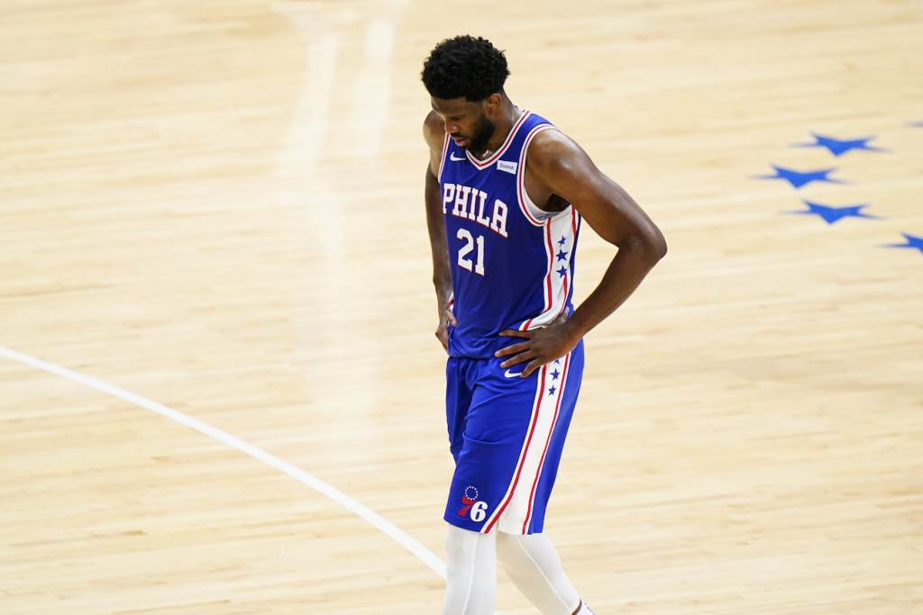 Hawks 76ers Basketball Philadelphia 76ers' Joel Embiid plays during Game 5 in a second-round NBA basketball playoff series against the Atlanta Hawks, Wednesday, June 16, 2021, in Philadelphia. (AP Photo/Matt Slocum)
