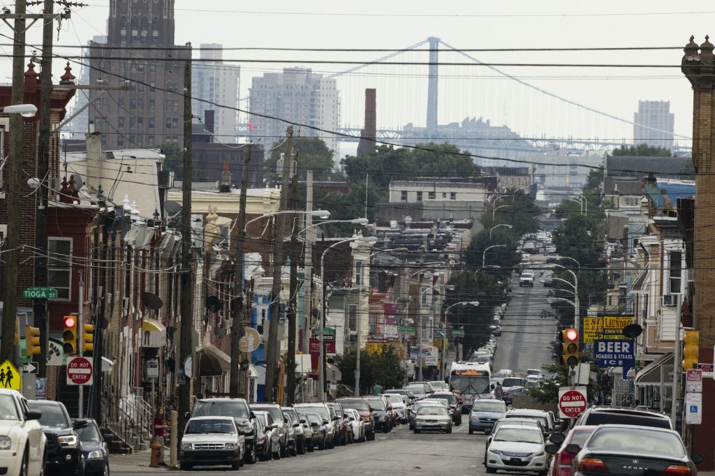 Pennsylvania Daily Life A view looking down Front Street towards the Benjamin Franklin Bridge