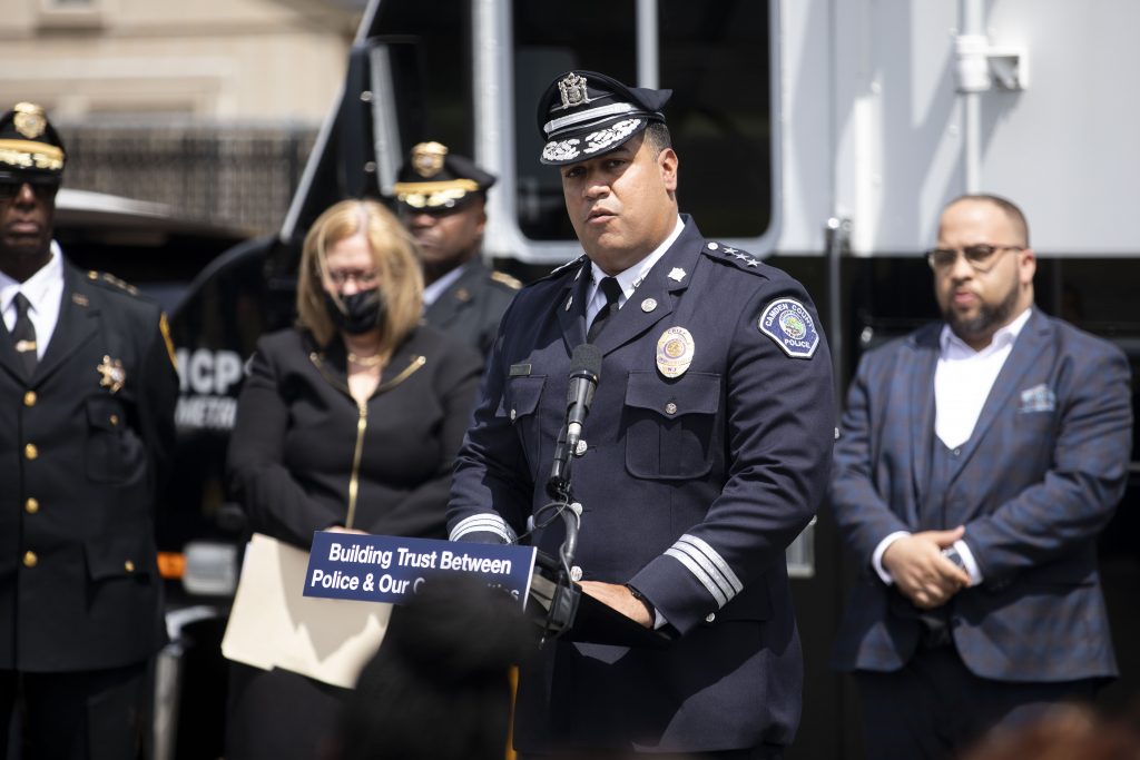 BODYCAMNJ02 Chief Gabriel Rodriguez speaks at the Camden County Police Department in Camden, N.J. on Tuesday, June 1, 2021. Beginning today, June 1, every uniformed patrol officer in New Jersey is required to wear a body camera. (POOL Photo: Monica Herndon / The Philadelphia Inquirer)
