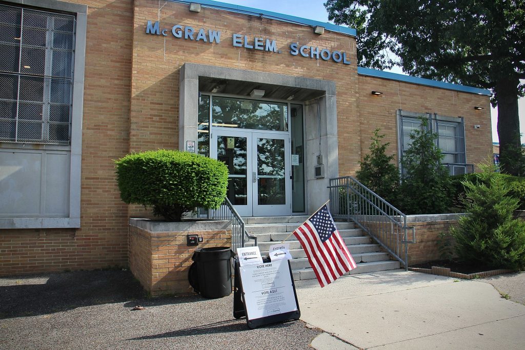NJ_primary_election_polls_voting_EL_060821_05 The exterior of the polling place at McGraw Elementary School