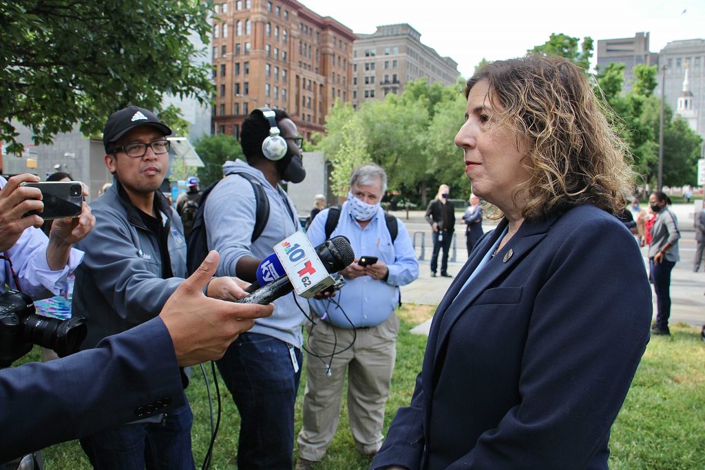SEPTA General Manager Leslie Richards speaks to reporters