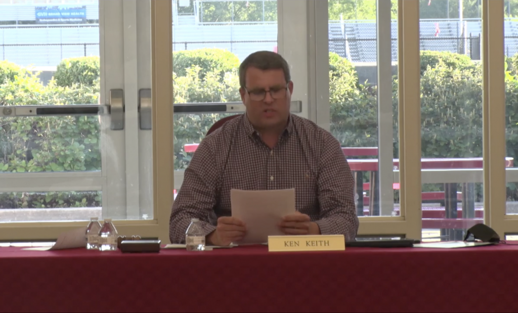 School Board President Ken Keith In a screenshot from Zoom, Souderton School Board President Ken Keith speaks at a school board meeting