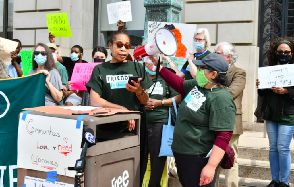 Screen Shot 2021-06-03 at 7.03.05 PM Yvetta Hill-Robinson, of the Friends of Overbrook Park Library, joined other library backers Wednesday demanding that City Council restore and increase Free Library of Philadelphia funding. (Abdul R. Sulayman / The Philadelphia Tribune)