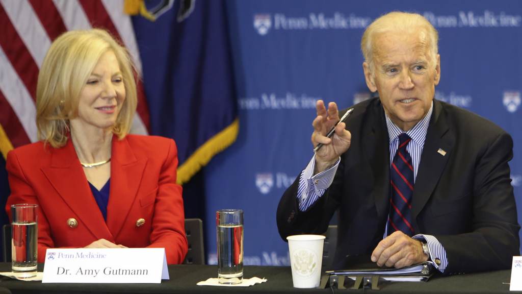 Joe Biden Joe Biden, at the time a former VP, with Amy Gutmann during a roundtable discussion in the Abramson Cancer Center at the University of Pennsylvania in 2016 JOSEPH KACZMAREK / AP PHOTO