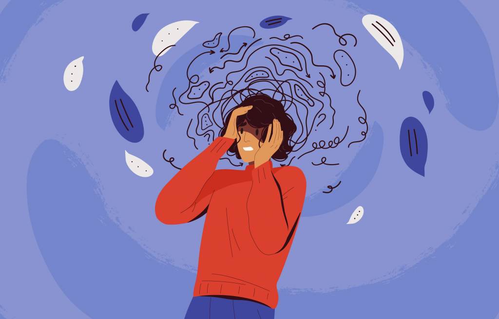 bigstock-Frustrated-Woman-With-Nervous–374248948-web Frustrated woman with nervous problem feel anxiety and confusion of thoughts illustration