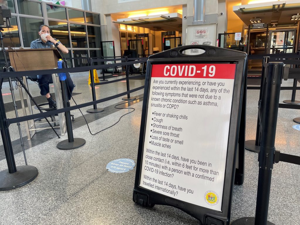 courthouse Anybody entering the courthouse in Wilmington must under screening for COVID-19 symptoms. (Cris Barrish/WHYY)